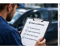 Appraiser reviewing a vehicle after an accident